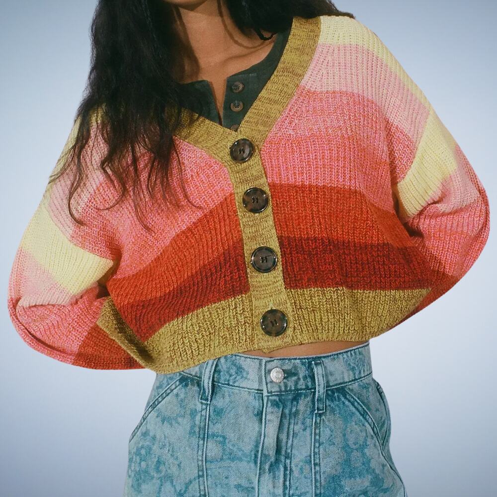 Urban Outfitters Turner Ribbed Cropped Striped Button-Down Retro Cardigan Small